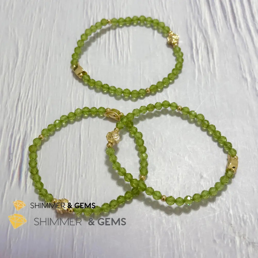 Peridot 4mm Faceted Bracelet (Money Magnet) with 14k Gold Plated Ingot & Clover Charms