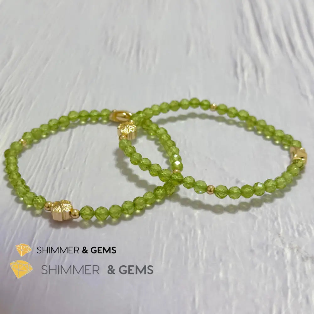 Peridot 4mm Faceted Bracelet (Money Magnet) with 14k Gold Plated Ingot & Clover Charms