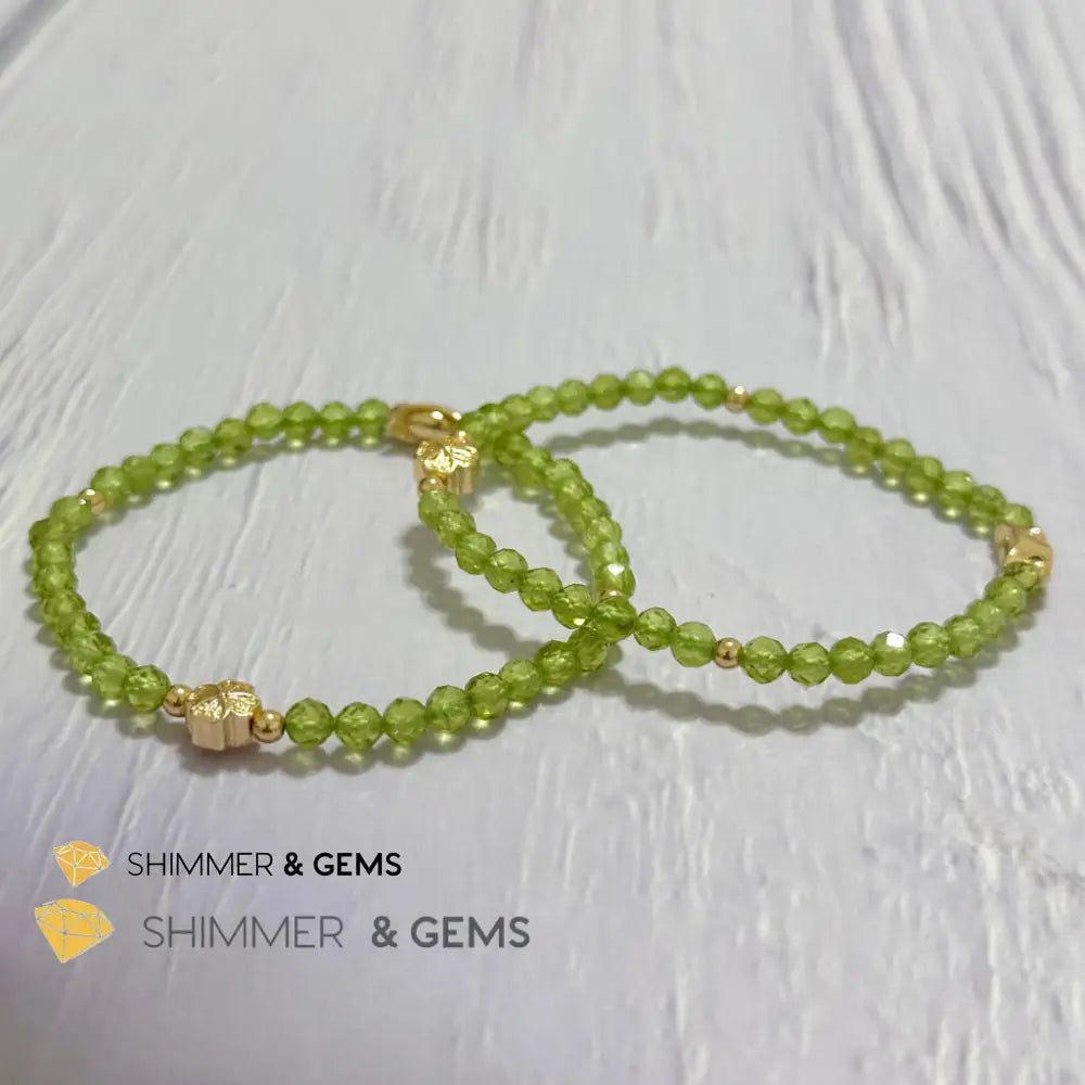 Peridot 4mm Faceted Bracelet (Money Magnet) with 14k Gold Plated Ingot & Clover Charms
