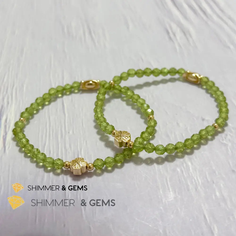 Peridot 4mm Faceted Bracelet (Money Magnet) with 14k Gold Plated Ingot & Clover Charms
