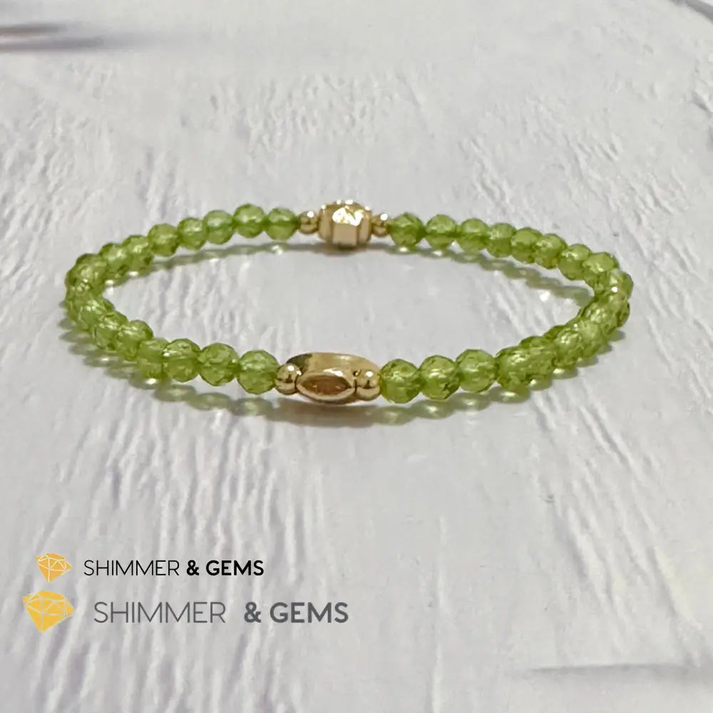 Peridot 4mm Faceted Bracelet (Money Magnet) with 14k Gold Plated Ingot & Clover Charms 5.5”