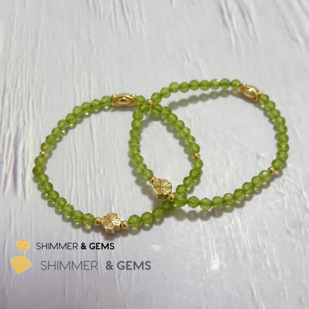 Peridot 4mm Faceted Bracelet (Money Magnet) with 14k Gold Plated Ingot & Clover Charms