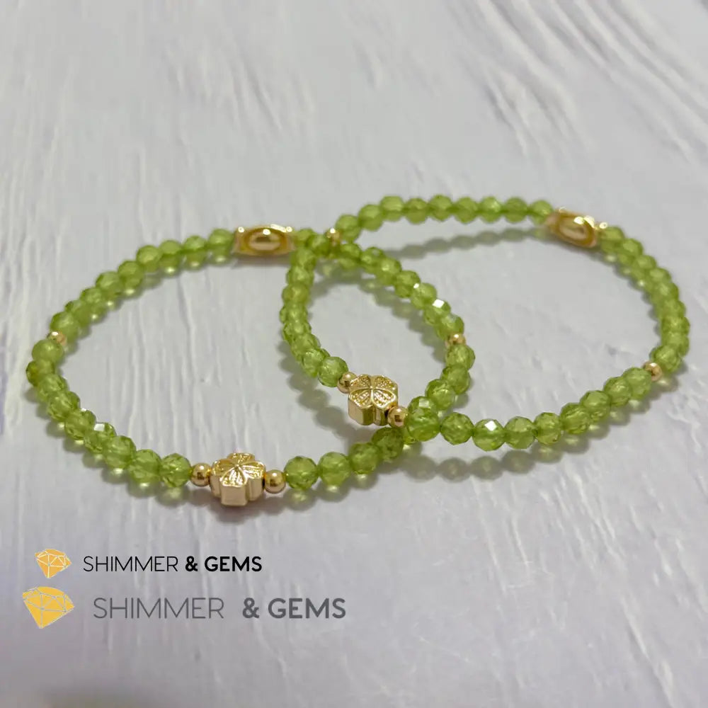 Peridot 4mm Faceted Bracelet (Money Magnet) with 14k Gold Plated Ingot & Clover Charms