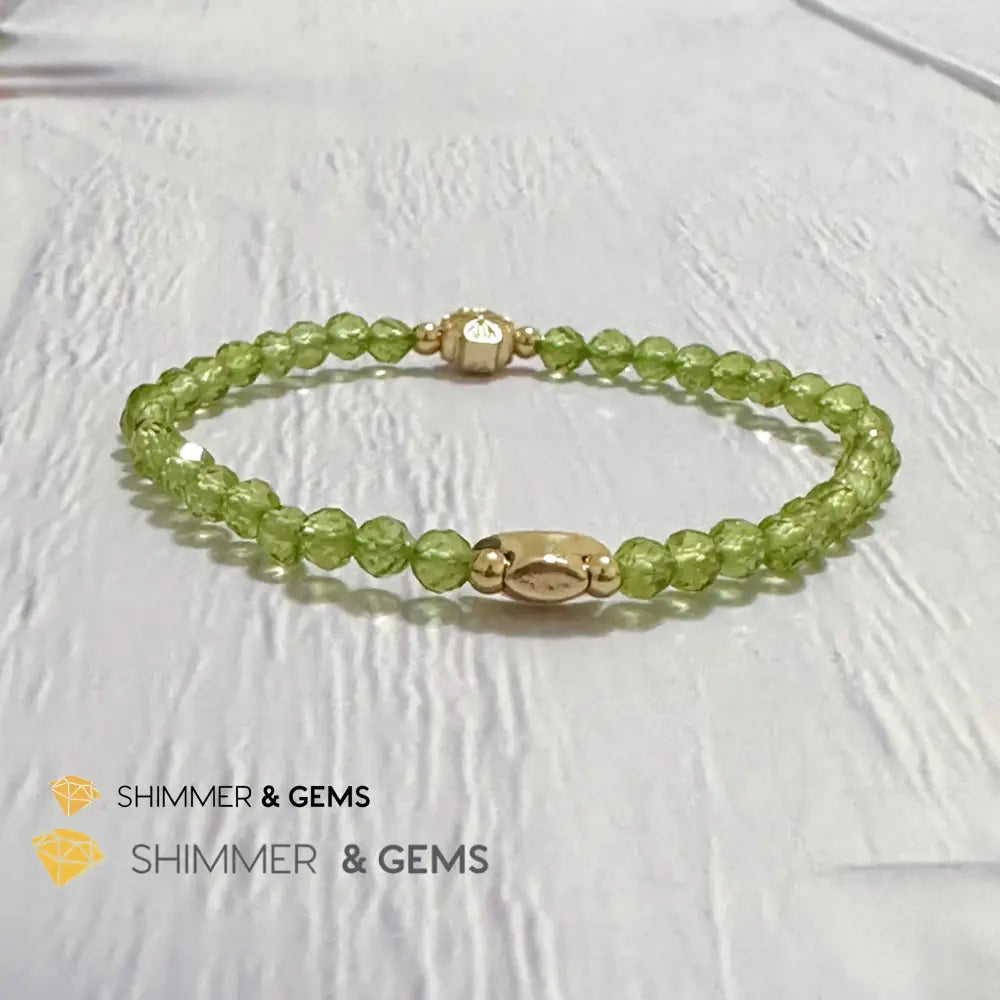 Peridot 4mm Faceted Bracelet (Money Magnet) with 14k Gold Plated Ingot & Clover Charms 6”