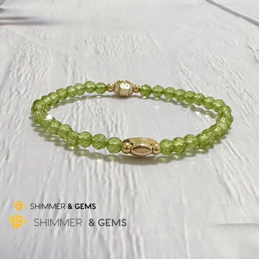 Peridot 4mm Faceted Bracelet (Money Magnet) with 14k Gold Plated Ingot & Clover Charms 6”