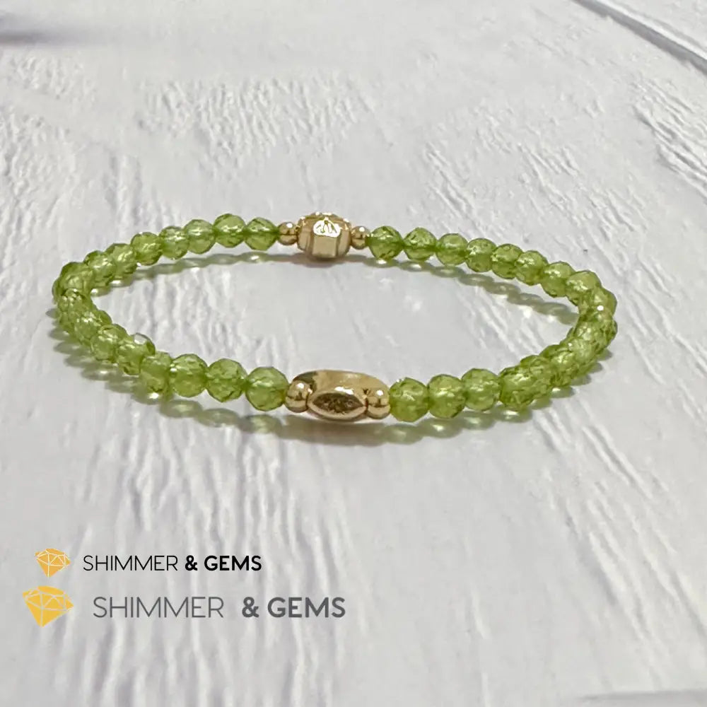 Peridot 4mm Faceted Bracelet (Money Magnet) with 14k Gold Plated Ingot & Clover Charms