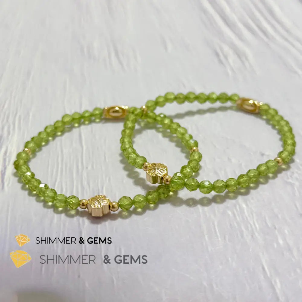 Peridot 4mm Faceted Bracelet (Money Magnet) with 14k Gold Plated Ingot & Clover Charms