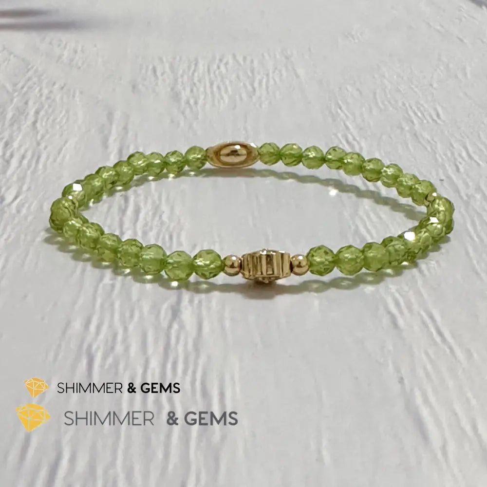 Peridot 4mm Faceted Bracelet (Money Magnet) with 14k Gold Plated Ingot & Clover Charms
