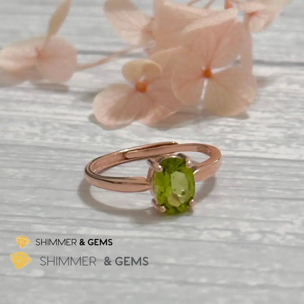 Peridot Rose Gold Oval 925 Silver Ring 6x8mm Oval Ring Adjustable Size Rings