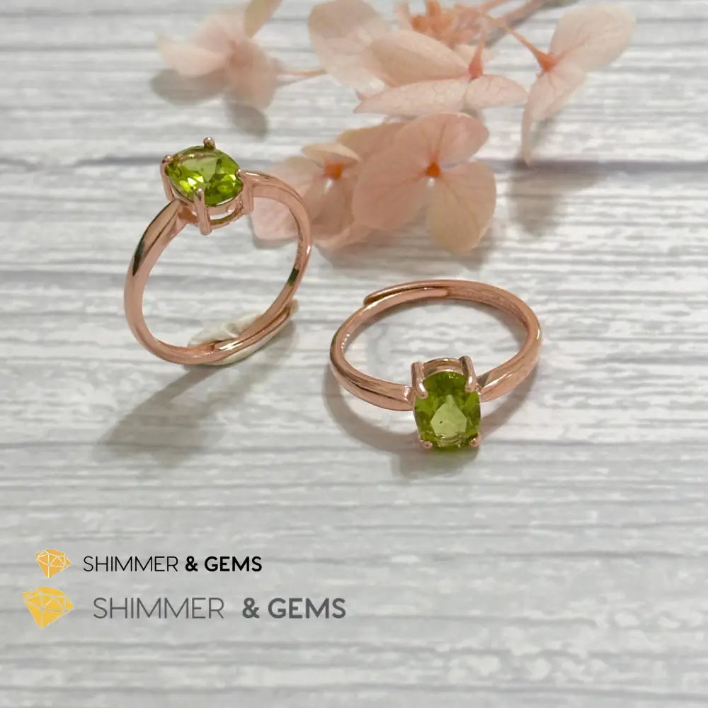Peridot Rose Gold Oval 925 Silver Ring 6x8mm Oval Ring Adjustable Size Rings