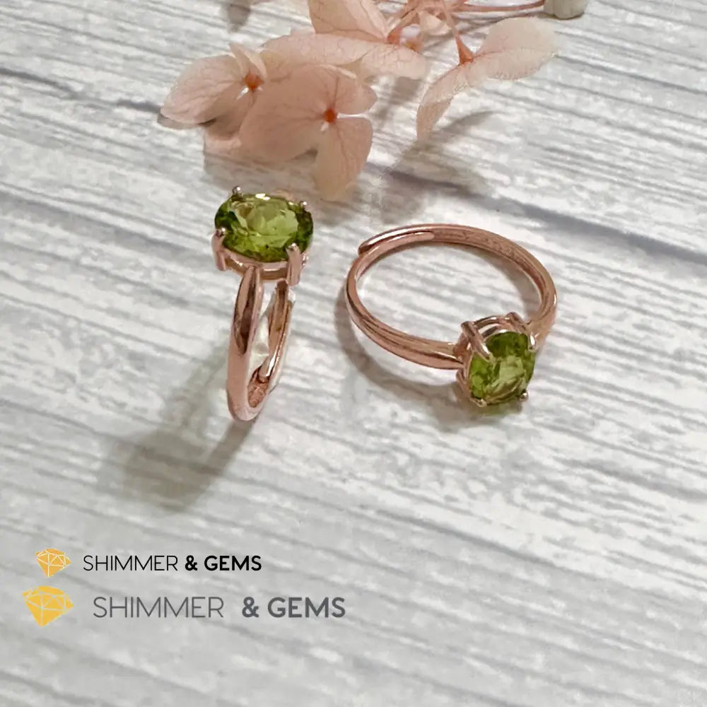 Peridot Rose Gold Oval 925 Silver Ring 6x8mm Oval Ring Adjustable Size Rings