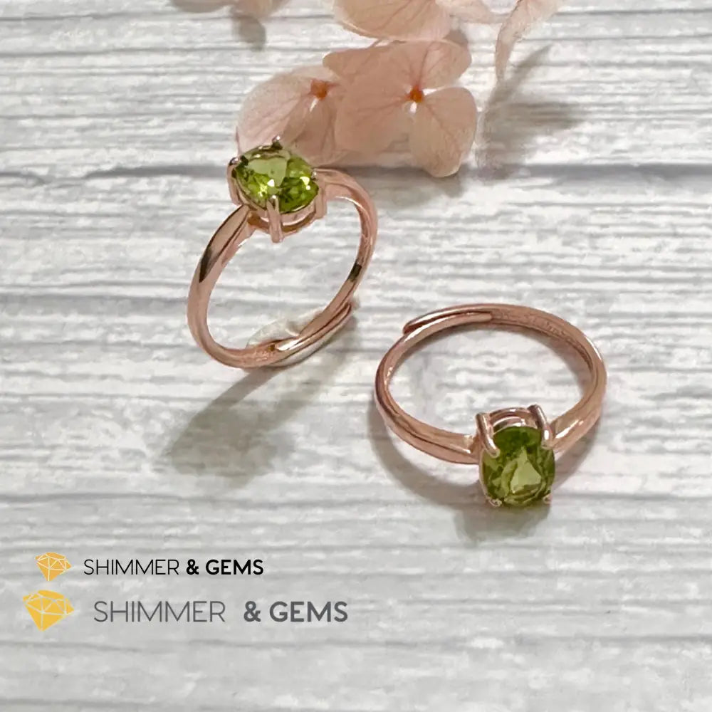 Peridot Rose Gold Oval 925 Silver Ring 6x8mm Oval Ring Adjustable Size Rings