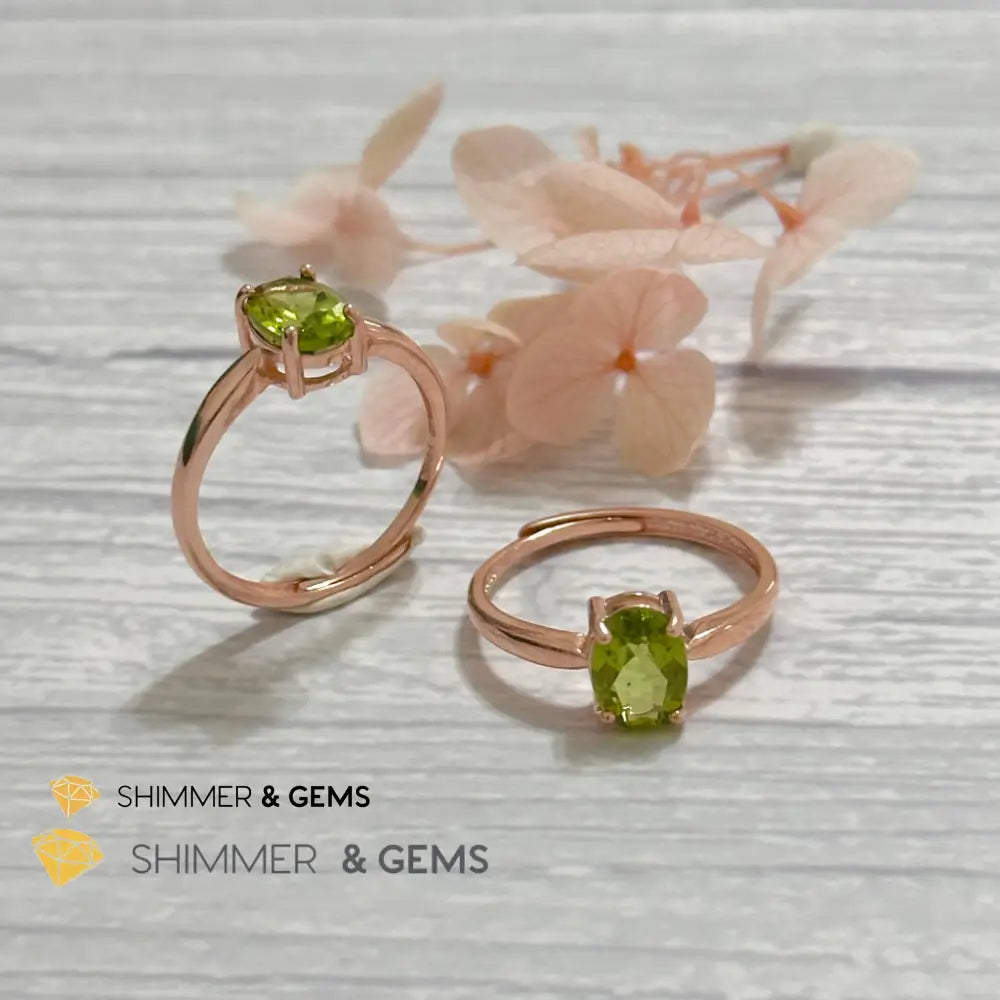 Peridot Rose Gold Oval 925 Silver Ring 6x8mm Oval Ring Adjustable Size Rings