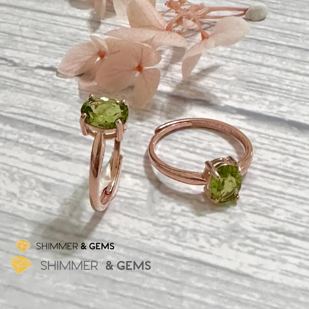 Peridot Rose Gold Oval 925 Silver Ring 6x8mm Oval Ring Adjustable Size Rings