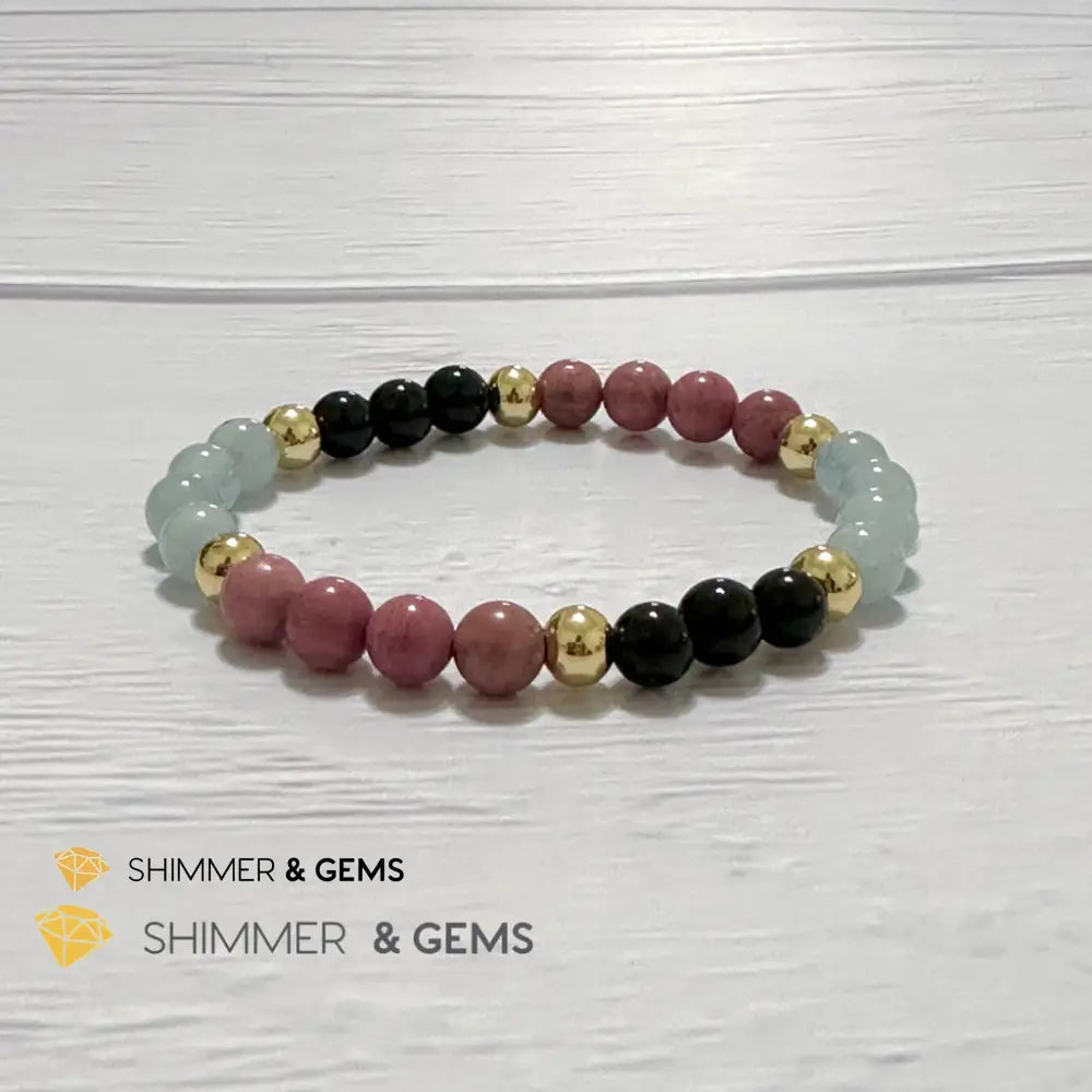 Pet Owner’s Remedy Bracelet (Rhodonite Obsidian Aquamarine 6mm with 14k gold filled beads)