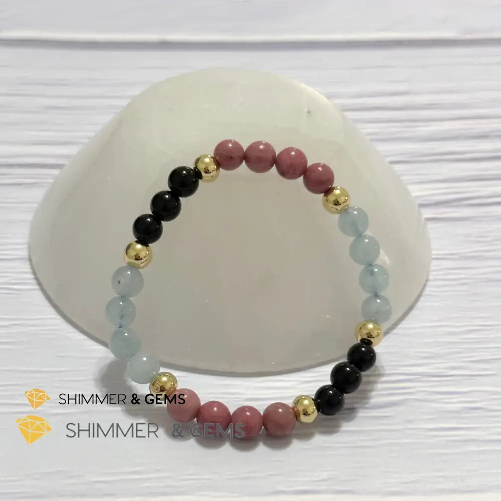 Pet Owner’s Remedy Bracelet (Rhodonite Obsidian Aquamarine 6mm with 14k gold filled beads)