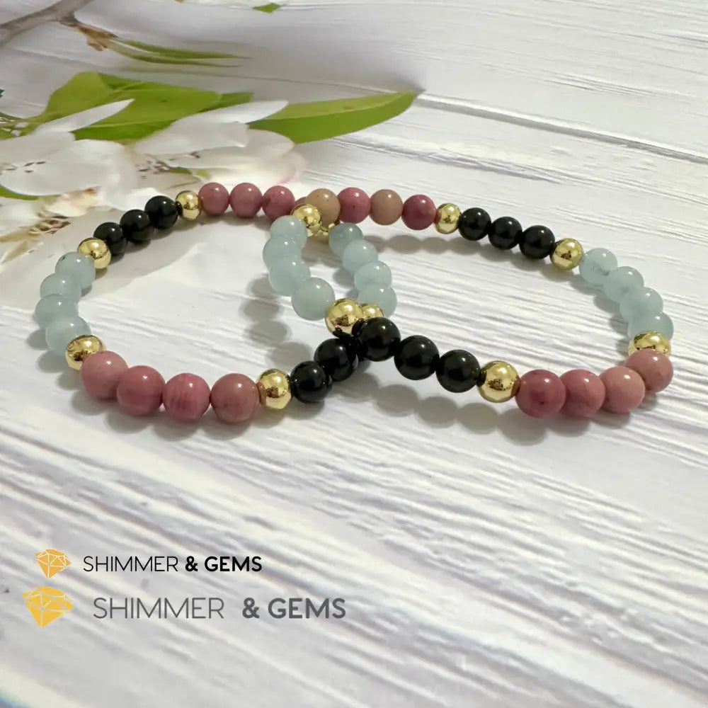Pet Owner’s Remedy Bracelet (Rhodonite Obsidian Aquamarine 6mm with 14k gold filled beads)