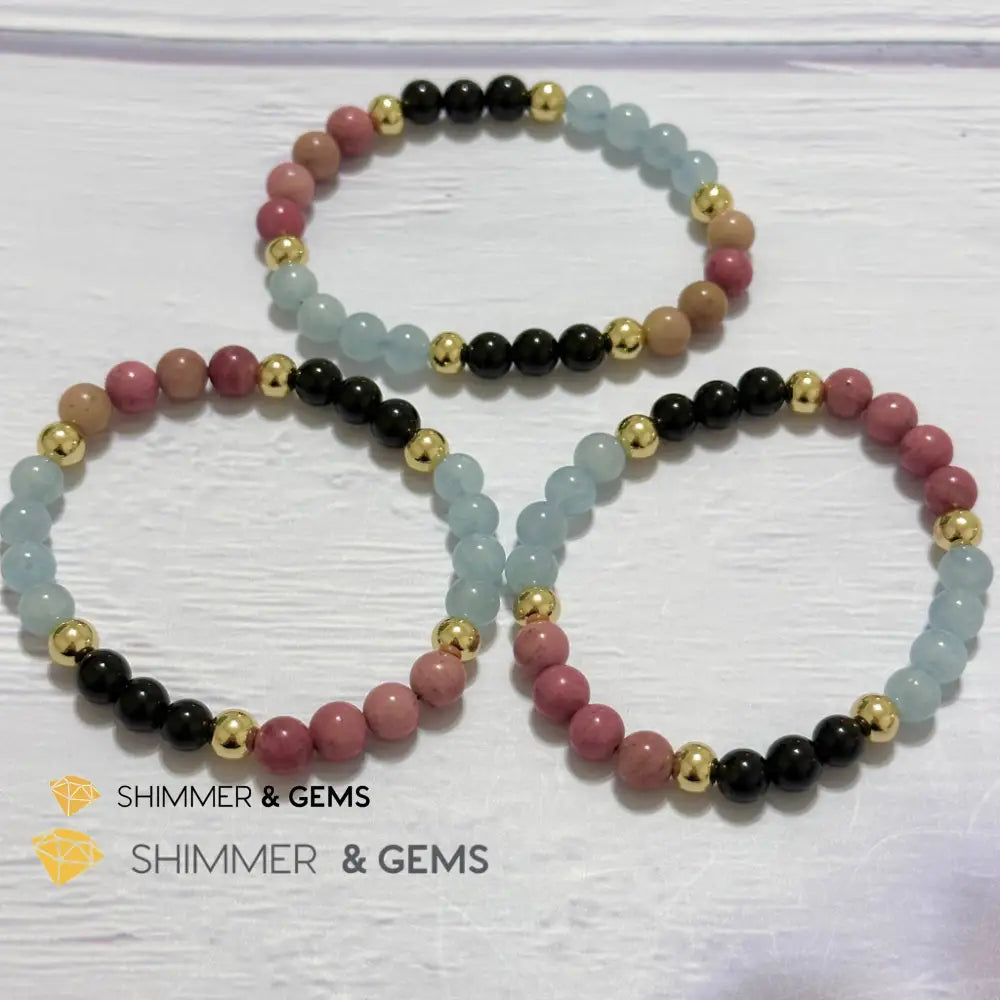 Pet Owner’s Remedy Bracelet (Rhodonite Obsidian Aquamarine 6mm with 14k gold filled beads)