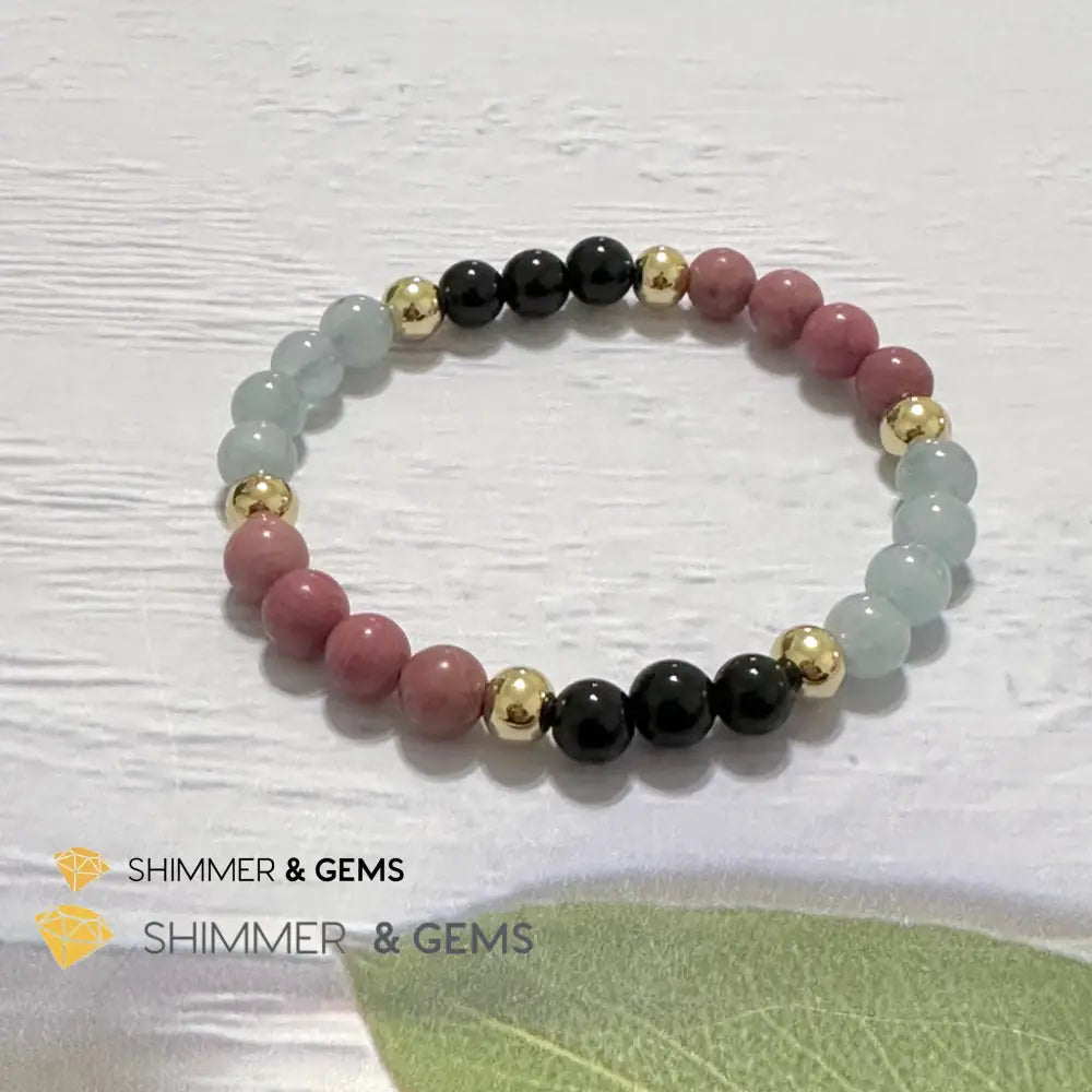 Pet Owner’s Remedy Bracelet (Rhodonite Obsidian Aquamarine 6mm with 14k gold filled beads)