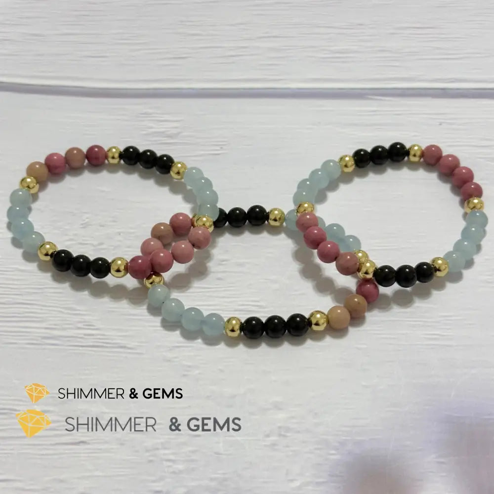 Pet Owner’s Remedy Bracelet (Rhodonite Obsidian Aquamarine 6mm with 14k gold filled beads)