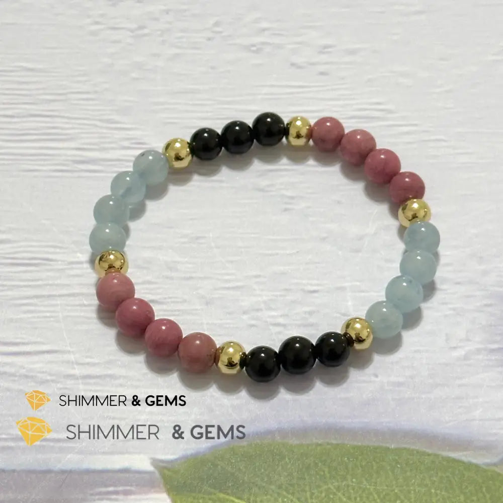 Pet Owner’s Remedy Bracelet (Rhodonite Obsidian Aquamarine 6mm with 14k gold filled beads)