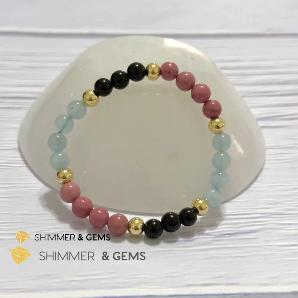 Pet Owner’s Remedy Bracelet (Rhodonite Obsidian Aquamarine 6mm with 14k gold filled beads)