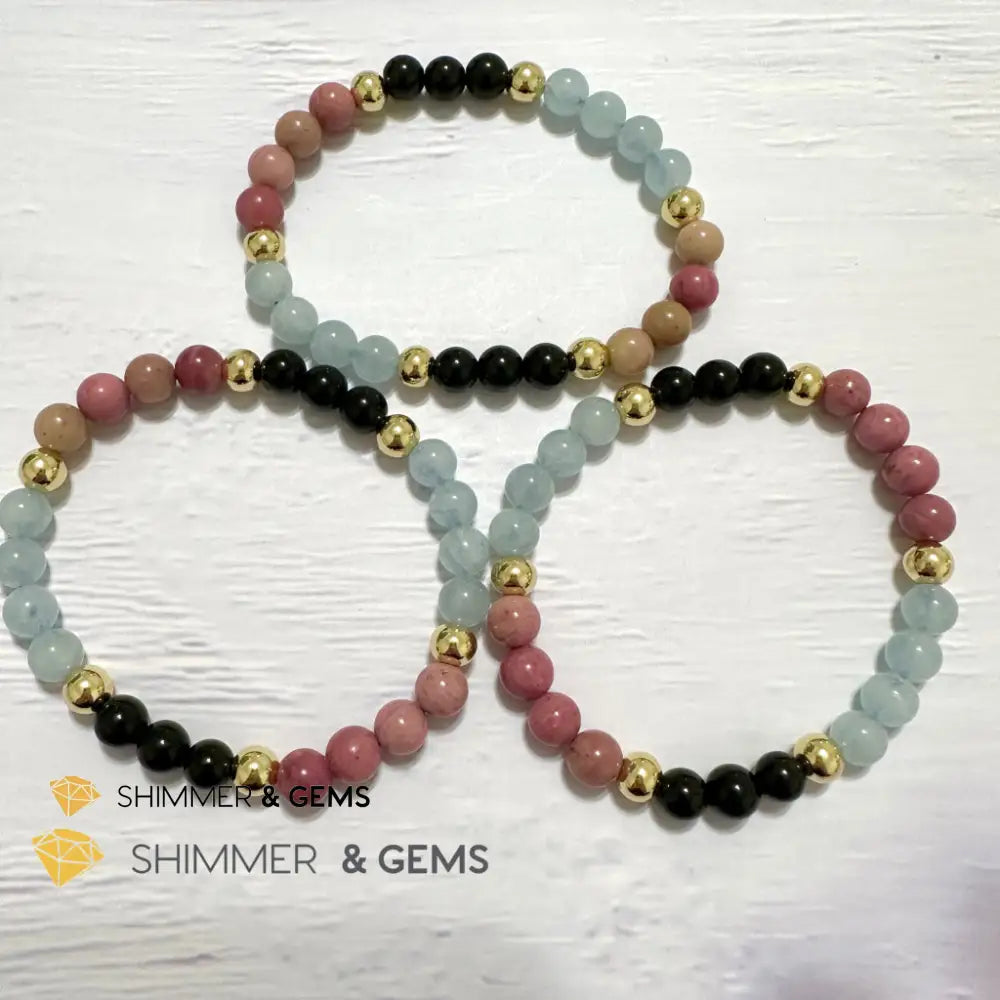 Pet Owner’s Remedy Bracelet (Rhodonite Obsidian Aquamarine 6mm with 14k gold filled beads)