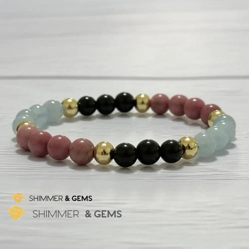 Pet Owner’s Remedy Bracelet (Rhodonite Obsidian Aquamarine 6mm with 14k gold filled beads) 5.5”