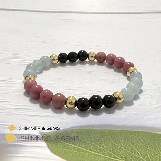 Pet Owner’s Remedy Bracelet (Rhodonite Obsidian Aquamarine 6mm with 14k gold filled beads)