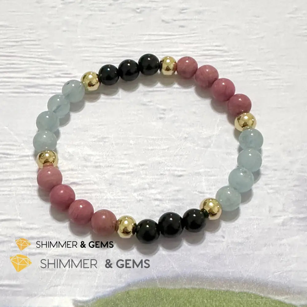 Pet Owner’s Remedy Bracelet (Rhodonite Obsidian Aquamarine 6mm with 14k gold filled beads)
