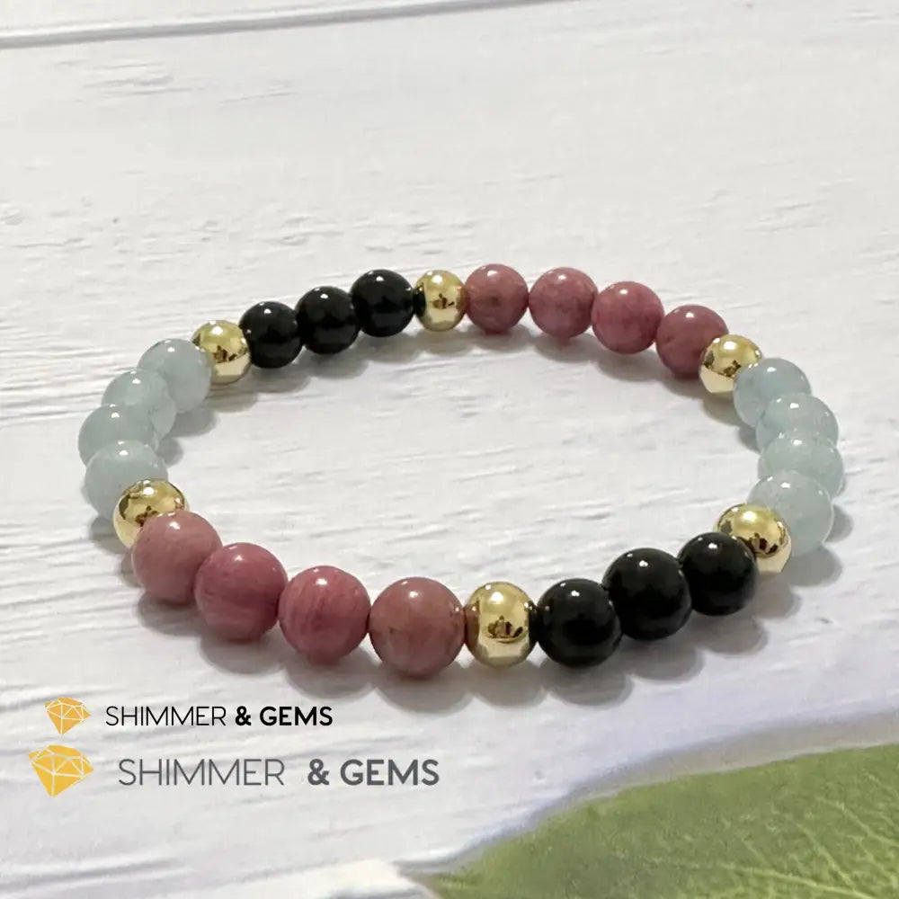 Pet Owner’s Remedy Bracelet (Rhodonite Obsidian Aquamarine 6mm with 14k gold filled beads)