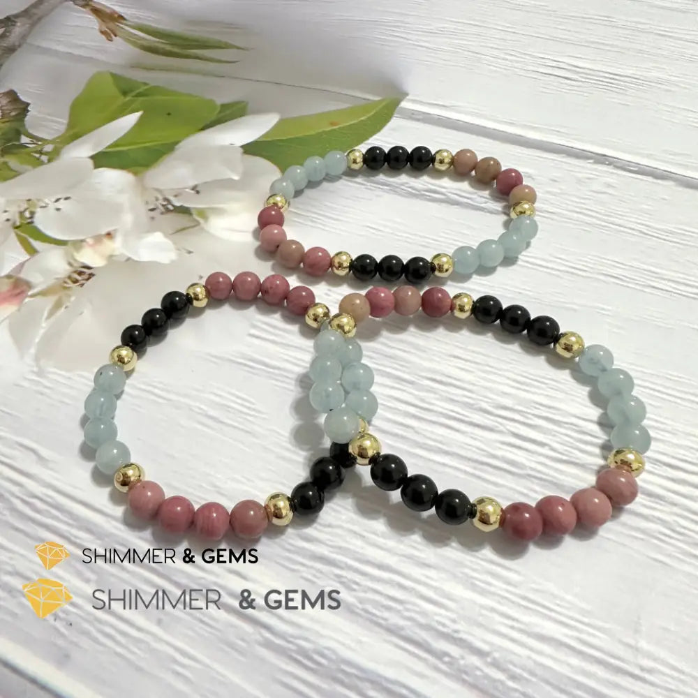 Pet Owner’s Remedy Bracelet (Rhodonite Obsidian Aquamarine 6mm with 14k gold filled beads)