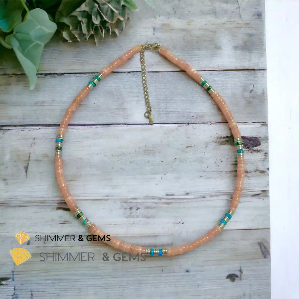 Pink Opal Impression Jasper & Hematite Wheel Beads Necklace with Stainless Steel Beads & Clasp Adjustable Size Necklaces