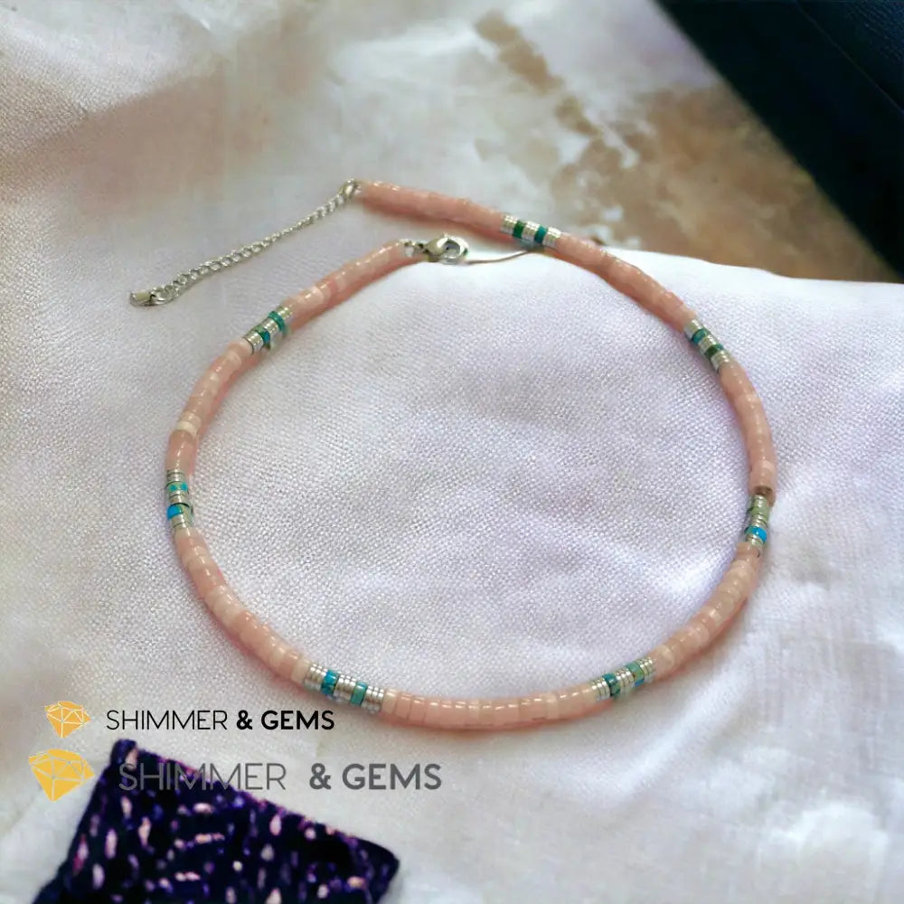 Pink Opal Impression Jasper & Hematite Wheel Beads Necklace with Stainless Steel Beads & Clasp Adjustable Size Necklaces