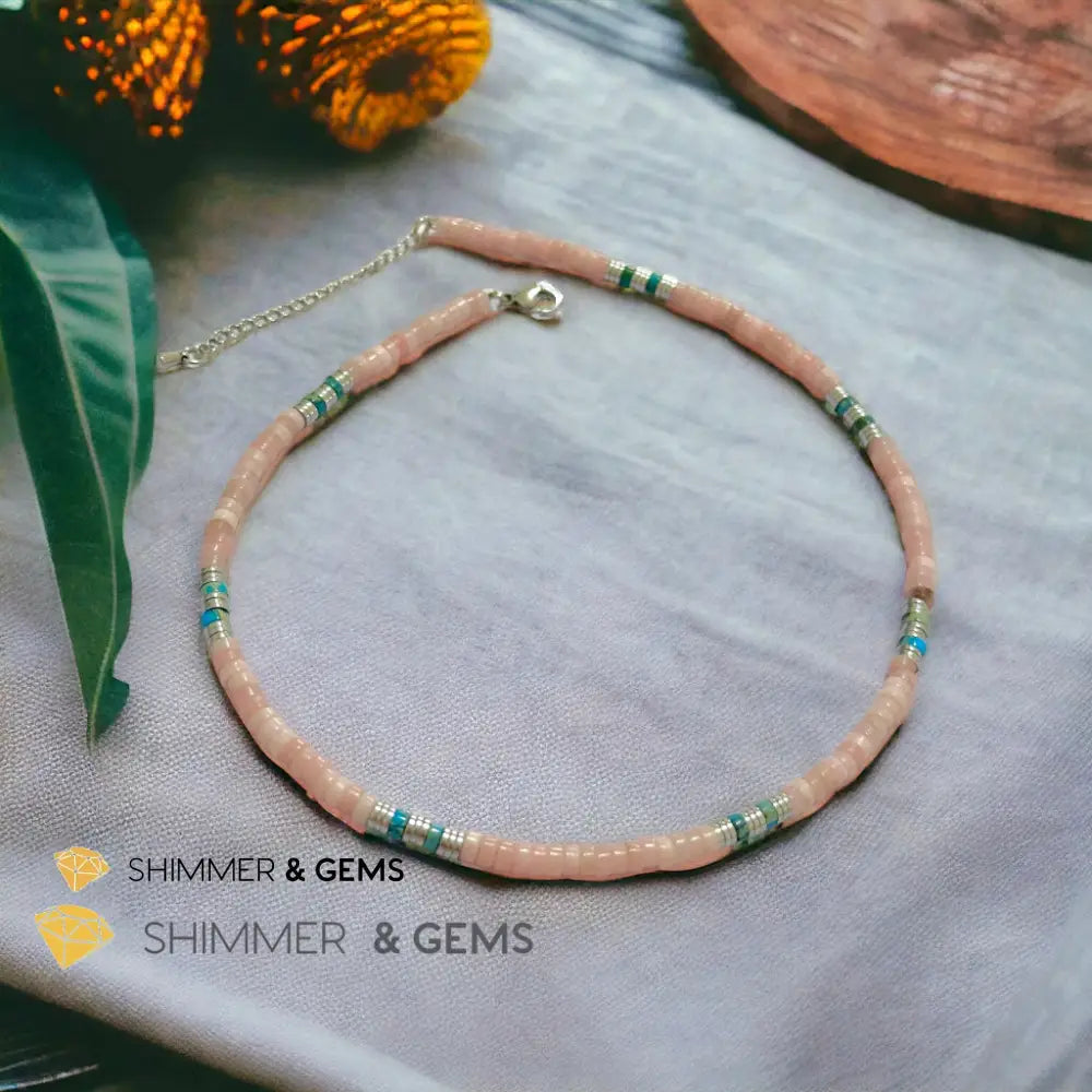 Pink Opal Impression Jasper & Hematite Wheel Beads Necklace with Stainless Steel Beads & Clasp Adjustable Size Necklaces