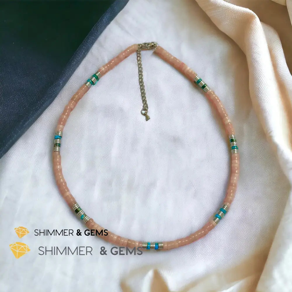 Pink Opal Impression Jasper & Hematite Wheel Beads Necklace with Stainless Steel Beads & Clasp Adjustable Size Necklaces