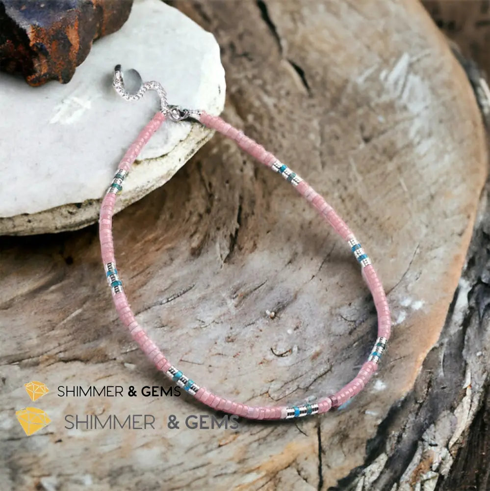 Pink Opal Impression Jasper & Hematite Wheel Beads Necklace with Stainless Steel Beads & Clasp Adjustable Size Necklaces