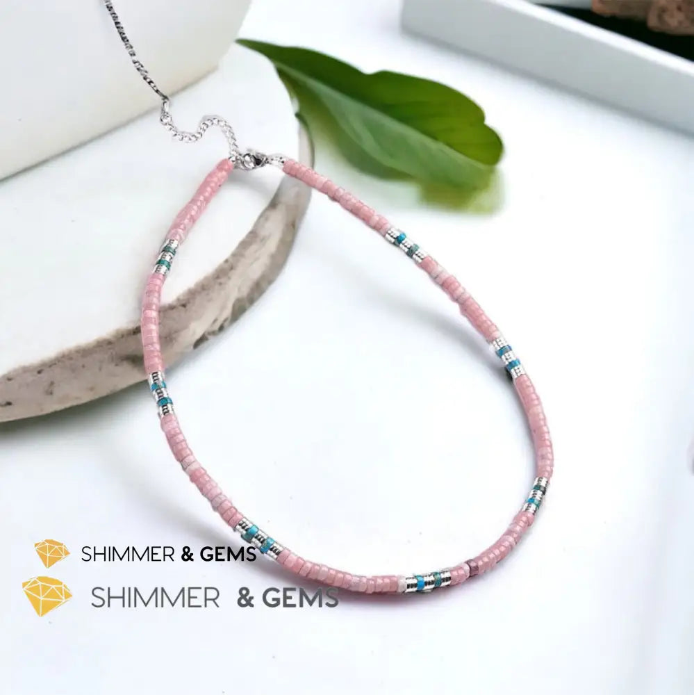 Pink Opal Impression Jasper & Hematite Wheel Beads Necklace with Stainless Steel Beads & Clasp Adjustable Size Necklaces