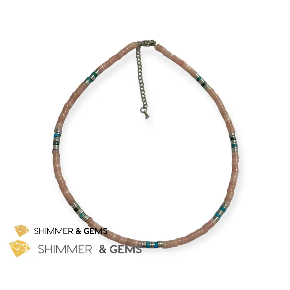 Pink Opal Impression Jasper & Hematite Wheel Beads Necklace with Stainless Steel Beads & Clasp Adjustable Size Necklaces