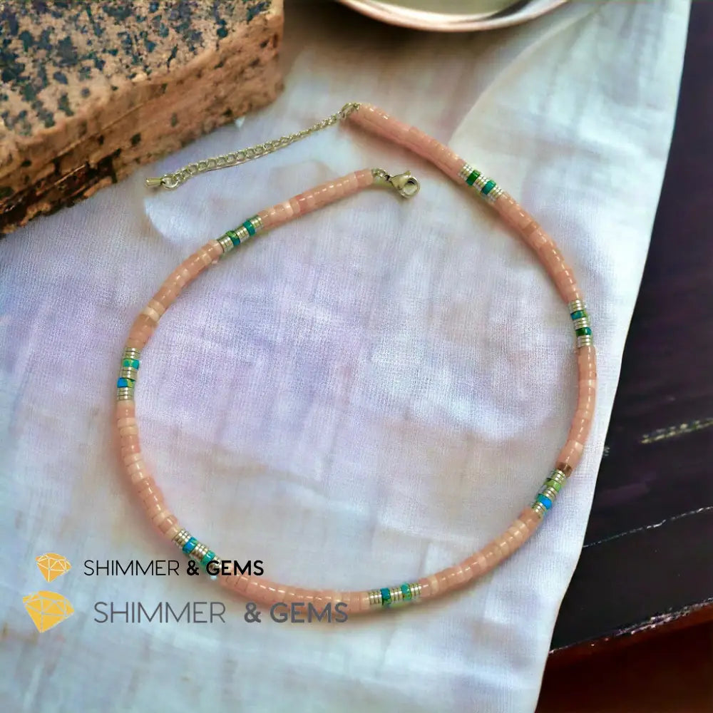 Pink Opal Impression Jasper & Hematite Wheel Beads Necklace with Stainless Steel Beads & Clasp Adjustable Size Necklaces
