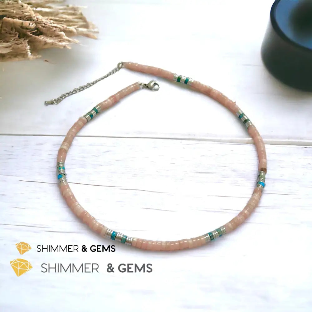 Pink Opal Impression Jasper & Hematite Wheel Beads Necklace with Stainless Steel Beads & Clasp Adjustable Size Necklaces