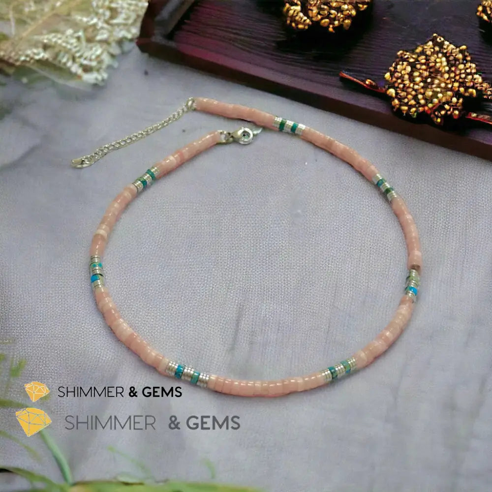 Pink Opal Impression Jasper & Hematite Wheel Beads Necklace with Stainless Steel Beads & Clasp Adjustable Size Necklaces