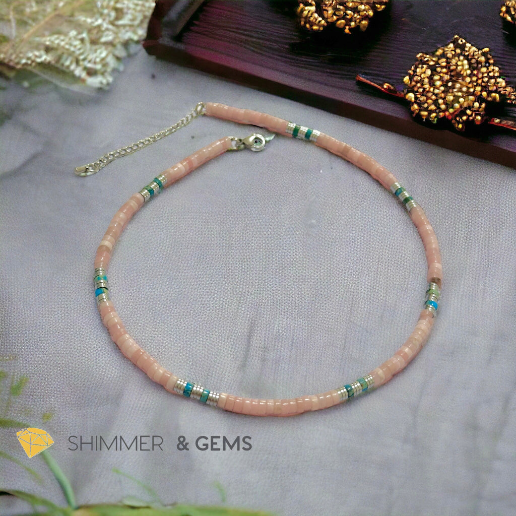 Pink Opal, Impression Jasper & Hematite Wheel Beads Necklace with Stainless Steel Beads & Clasp