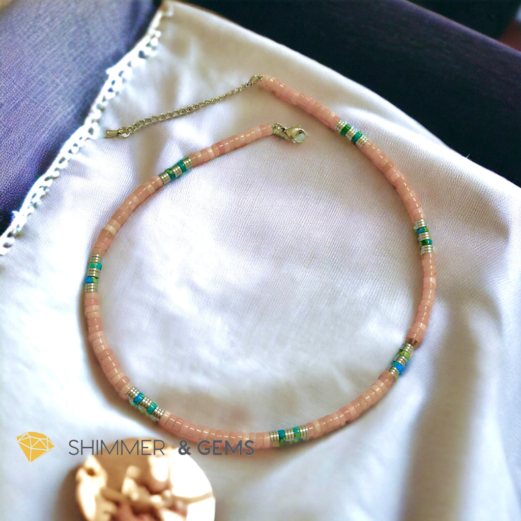 Pink Opal, Impression Jasper & Hematite Wheel Beads Necklace with Stainless Steel Beads & Clasp