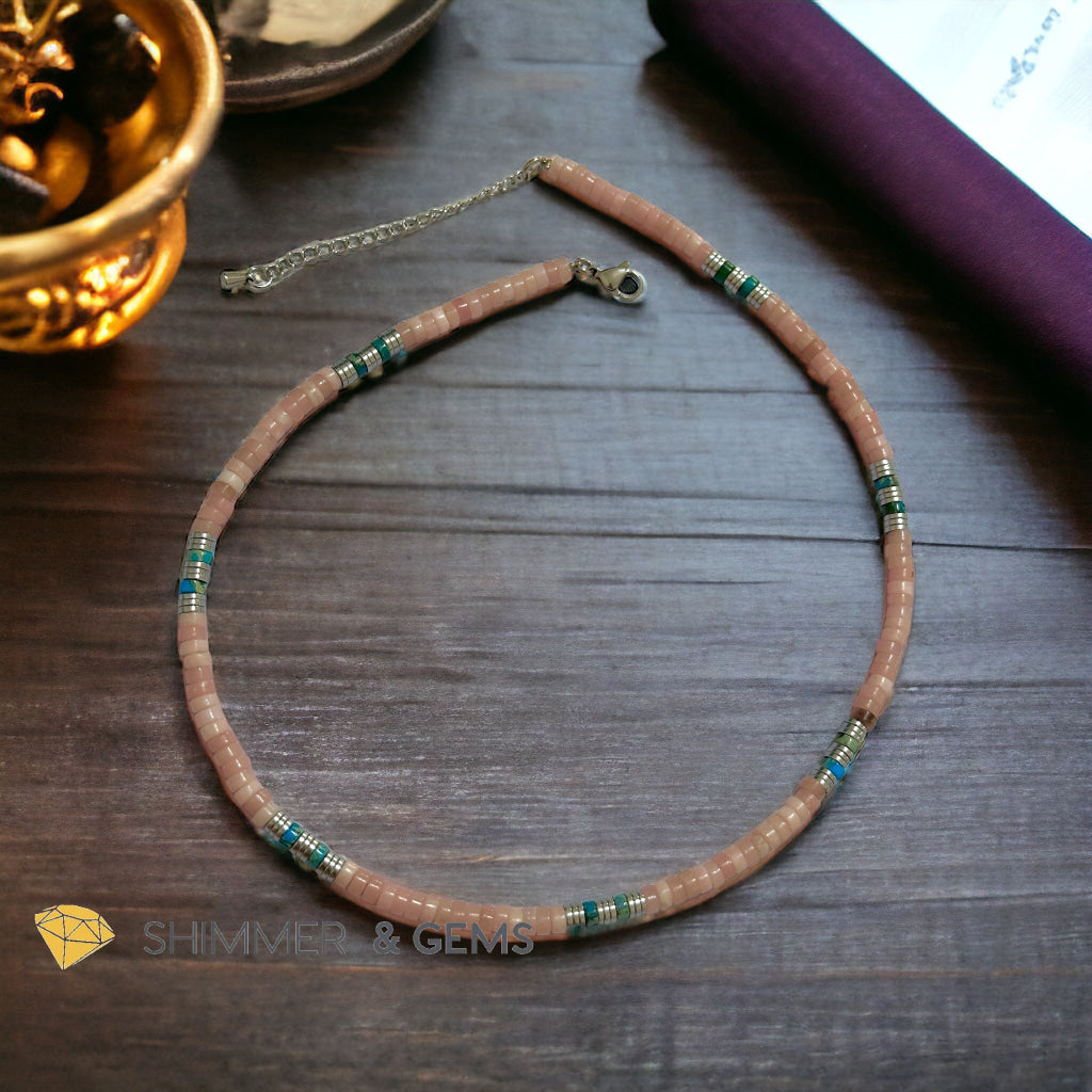Pink Opal, Impression Jasper & Hematite Wheel Beads Necklace with Stainless Steel Beads & Clasp