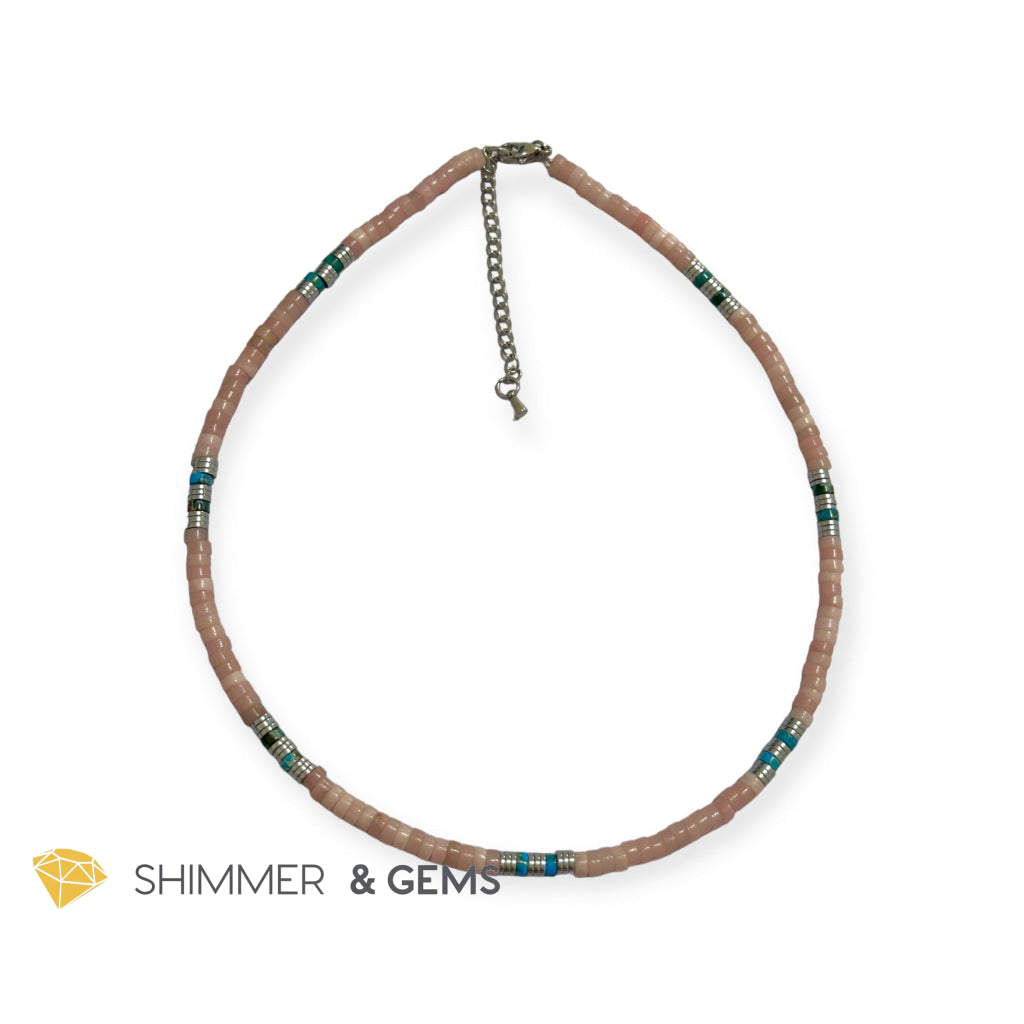 Pink Opal, Impression Jasper & Hematite Wheel Beads Necklace with Stainless Steel Beads & Clasp