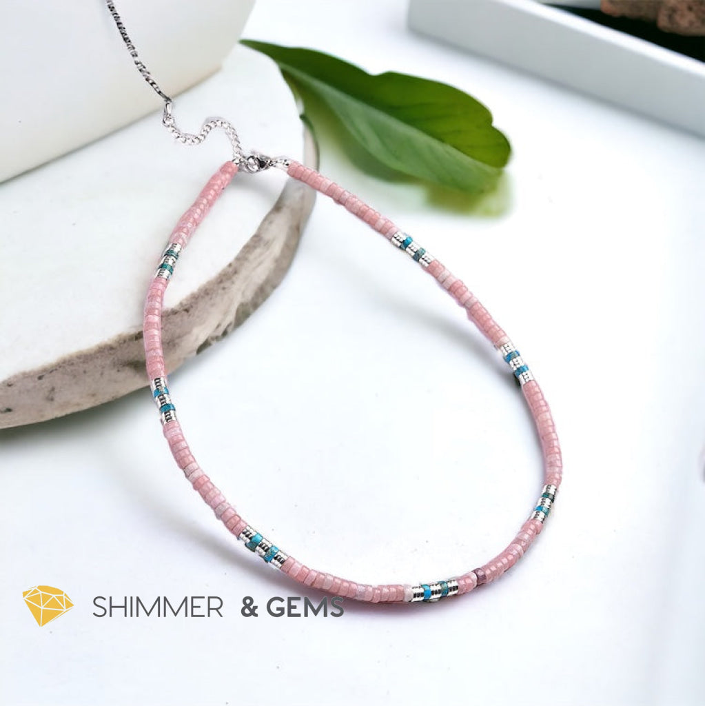 Pink Opal, Impression Jasper & Hematite Wheel Beads Necklace with Stainless Steel Beads & Clasp