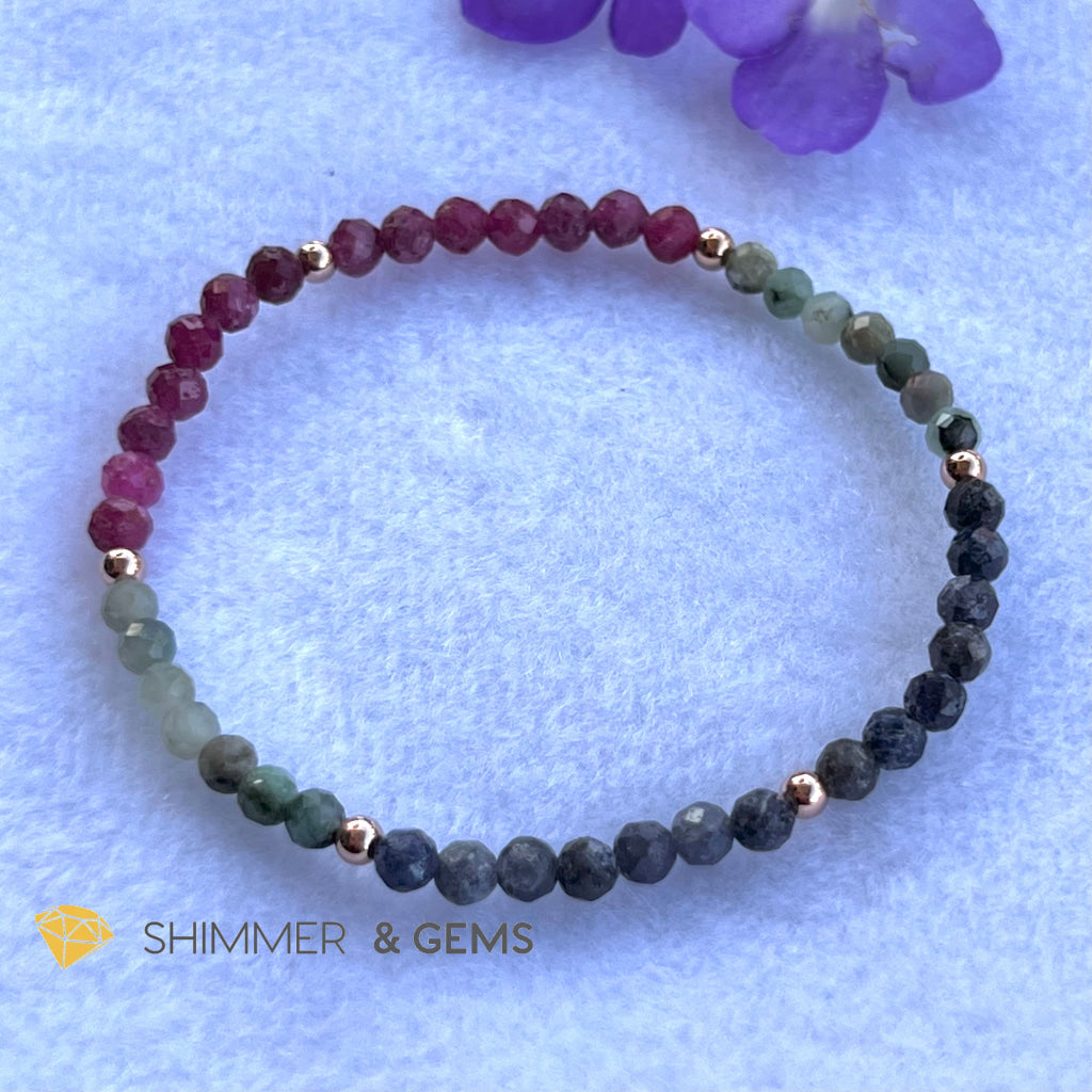 Precious Power Of 3 Bracelet (Ruby Emerald Blue Sapphire Bracelet) With 14K Rose Gold Filled Beads
