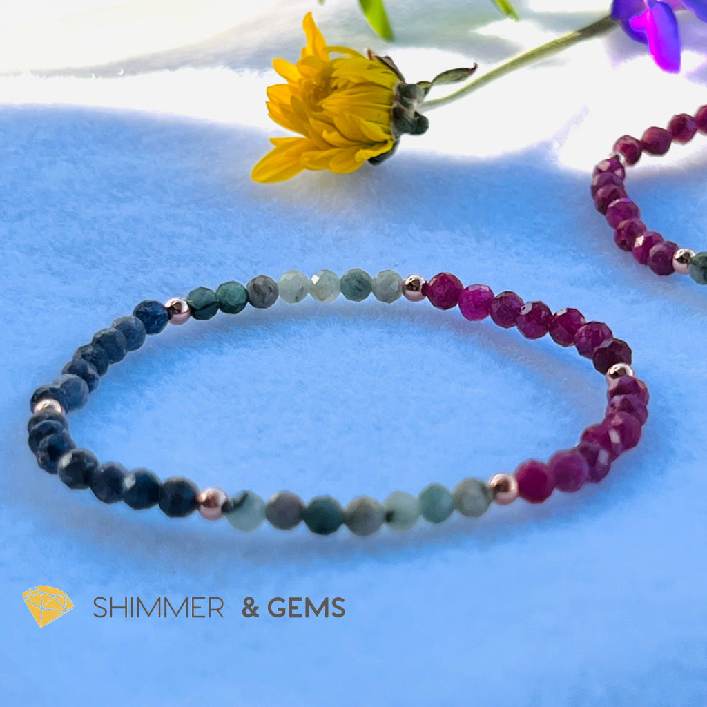Precious Power Of 3 Bracelet (Ruby Emerald Blue Sapphire Bracelet) With 14K Rose Gold Filled Beads