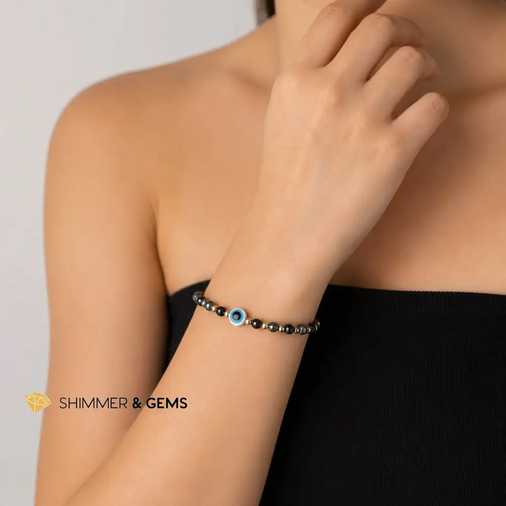 PROTECTION 4mm (Black Tourmaline Hematite Evil Eye) Bracelet